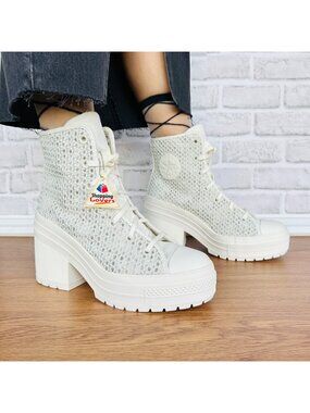 Converse Chuck 70 De Luxe Heel Platform Knit 9.5 Women Shoes Egret Boots A07535C